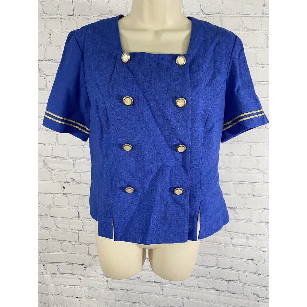 Vintage Leslie Fay Petite Blue 8 Pearly Button Square Neck Gold Accent Blouse 6P